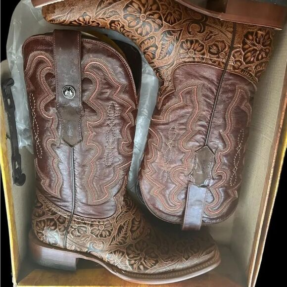 Leather Tanner Mark Hand Tooled Western Boot Broad Square Toe Men 8/Women - Picture 2 of 16